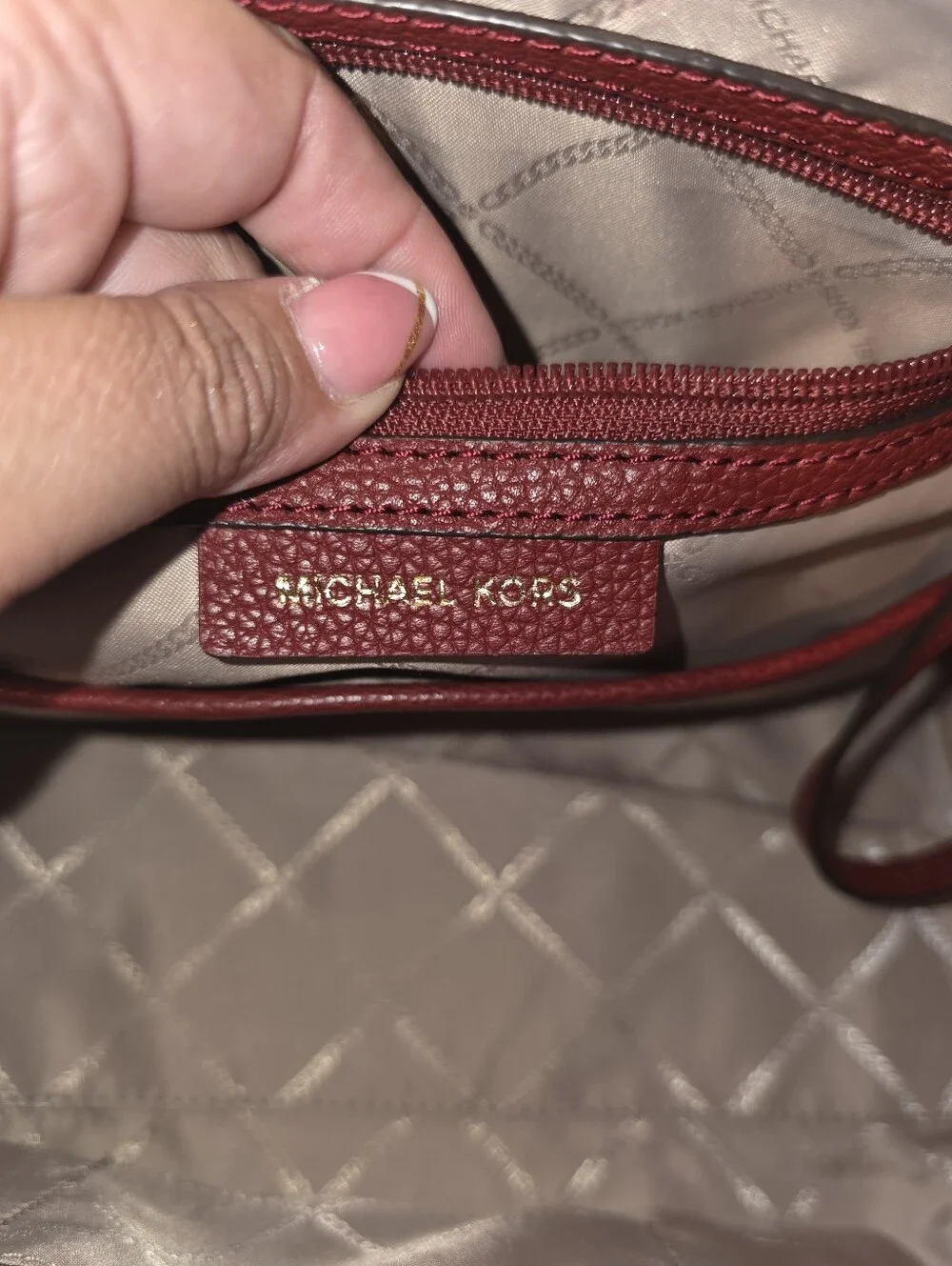 Michael Kors Burgundy Pebbled Leather Satchel with Gold Hardware